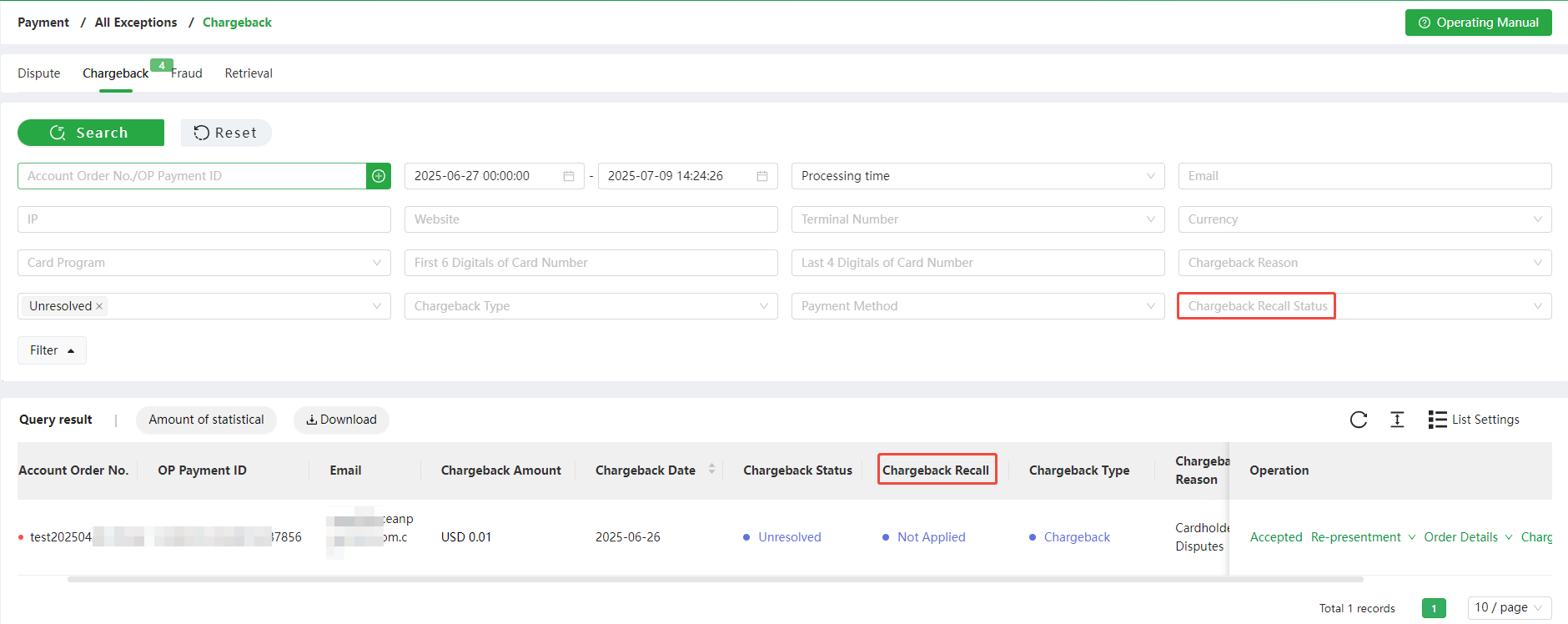 Chargeback Recall Status filter