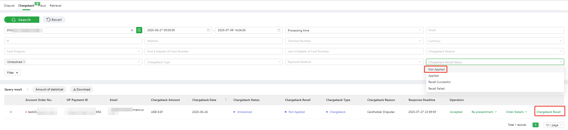 Chargeback Recall entry