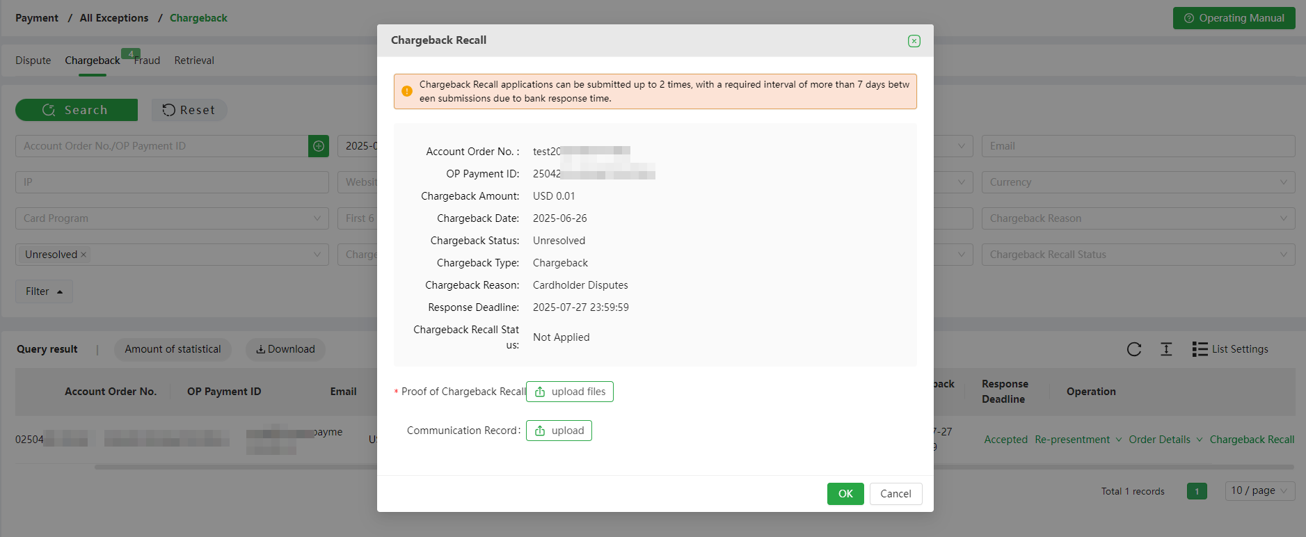 Chargeback Recall proof submission