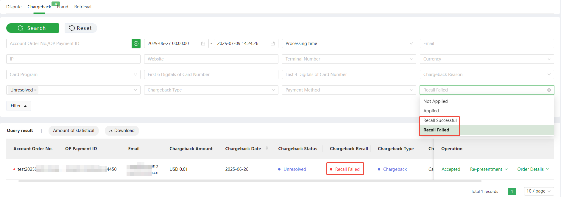 Chargeback Recall outcome
