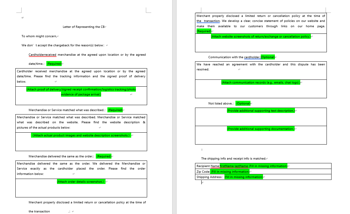 Sample representment document